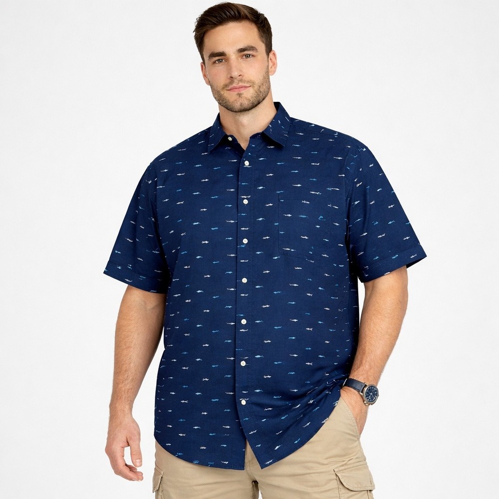 Nautica Nanotex Shark Print Stretch Button-Down Shirt 3XL Navy‎ NWT
